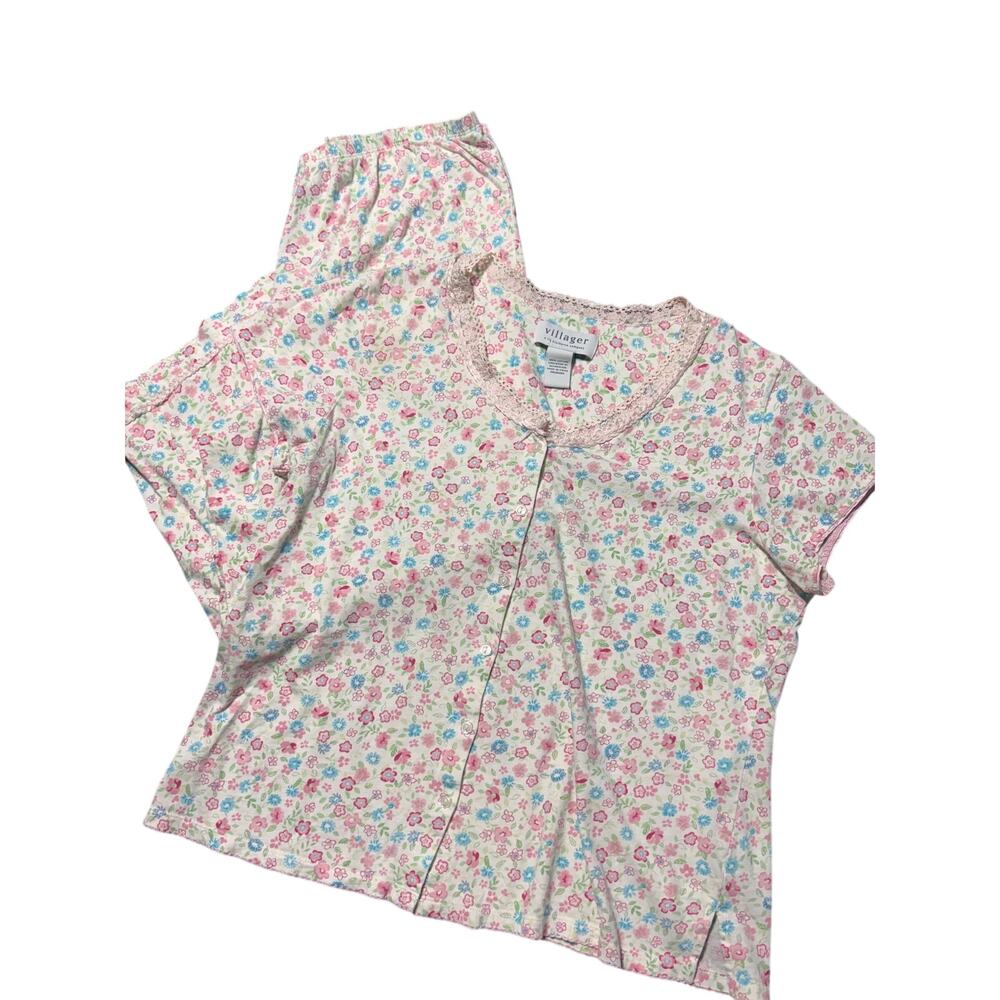 Liz Claiborne Villager Womens M Pink & Blue Floral Lace Trim Pajama Set